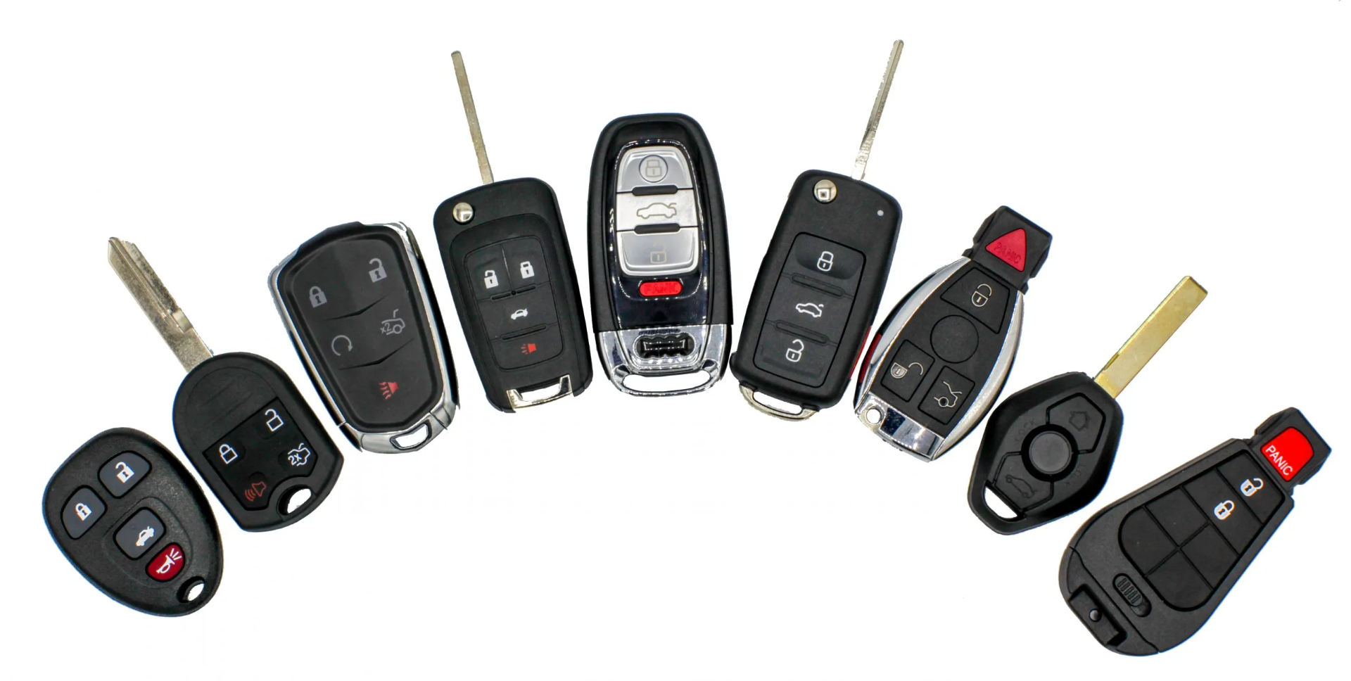 Variety of car key fobs and smart keys cut and programmed on-site by Hi-Tech Lock & Key